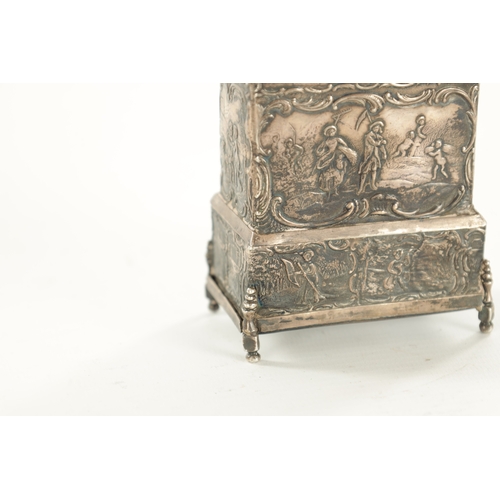 466 - A LATE 19TH CENTURY DUTCH SILVER TEA CADDY AND COVER formed as an 18th Century miniature chest on st... 