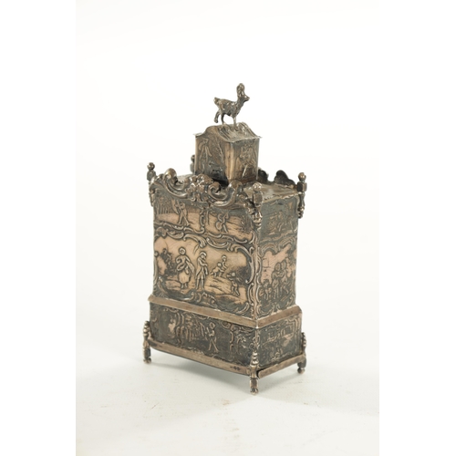 466 - A LATE 19TH CENTURY DUTCH SILVER TEA CADDY AND COVER formed as an 18th Century miniature chest on st... 