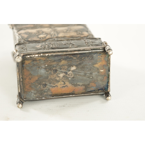 466 - A LATE 19TH CENTURY DUTCH SILVER TEA CADDY AND COVER formed as an 18th Century miniature chest on st... 