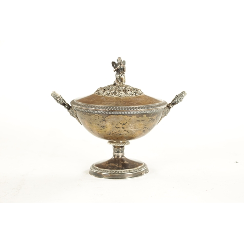 477 - AN EARLY 19TH CENTURY FRENCH SILVER NEOCLASSICAL LIDDED BOWL with angel finial and leaf cast side ha... 