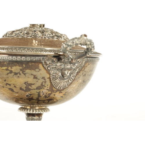 477 - AN EARLY 19TH CENTURY FRENCH SILVER NEOCLASSICAL LIDDED BOWL with angel finial and leaf cast side ha... 