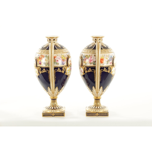 52 - A FINE PAIR OF ROYAL CROWN DERBY PORCELAIN CABINET VASES OF LARGE SIZE PAINTED BY ALBERT GREGORY the... 