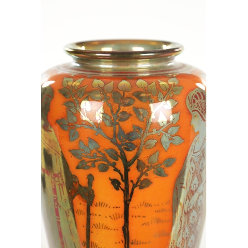 54 - AN EARLY 20TH CENTURY PILKINGTON'S ROYAL LANCASTRIAN TAPERING LUSTRE VASE BY RICHARD JOYCE decorated... 