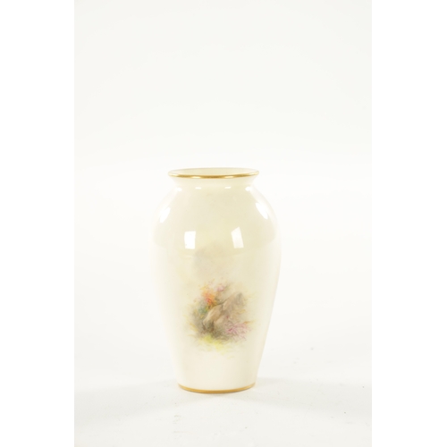 61 - A ROYAL WORCESTER MINIATURE CABINET VASE BY HARRY STINTON of tapered cylindrical form with gilt rim ... 