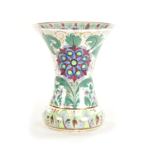 62 - A 19TH CENTURY WEDGWOOD LUSTREWARE VASE of flared form with swollen base decorated coloured flowerhe... 