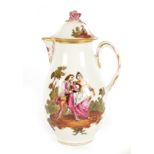 64 - A 19TH CENTURY MEISSEN STYLE PORCELAIN COFFEE POT OF 18TH CENTURY DESIGN the gilt edged blanc di chi... 