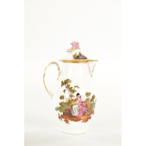 64 - A 19TH CENTURY MEISSEN STYLE PORCELAIN COFFEE POT OF 18TH CENTURY DESIGN the gilt edged blanc di chi... 