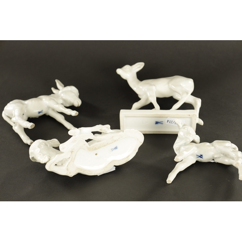 71 - A GROUP OF FOUR MEISSEN BLANC DI CHINE ANIMAL FIGURES comprising a fawn, calf, recumbent and standin... 