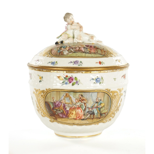 73 - A LATE 19TH CENTURY MEISSEN STYLE LARGE LIDDED TUREEN WITH GILT METAL RIM the moulded body and lid p... 