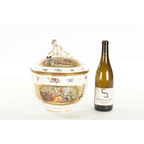 73 - A LATE 19TH CENTURY MEISSEN STYLE LARGE LIDDED TUREEN WITH GILT METAL RIM the moulded body and lid p... 