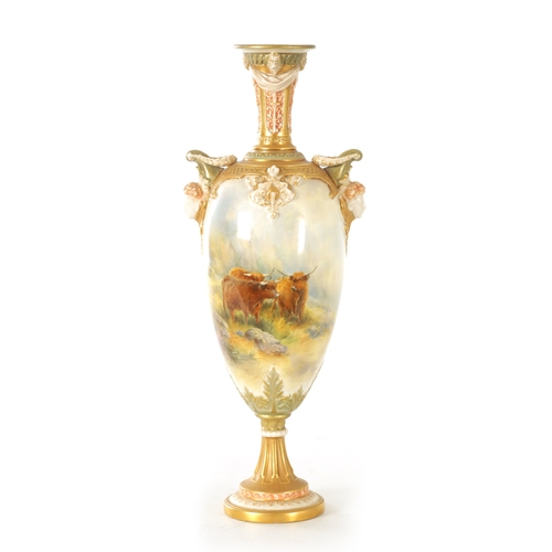 76 - A LARGE EARLY 20TH CENTURY ROYAL WORCESTER VASE BY JOHN STINTON of slender form with masked side han... 