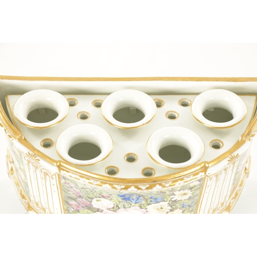 81 - A 19TH CENTURY DERBY TYPE PORCELAIN CASHE POT of bowed form with pierced top and painted blooming fl... 