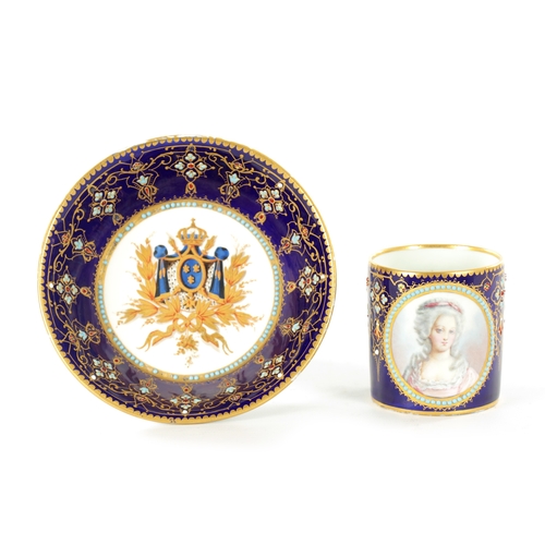 83 - A FINE 18TH CENTURY SEVRES GILT AND ROYAL BLUE GROUND PORTRAIT CUP AND SAUCER painted with a titled ... 