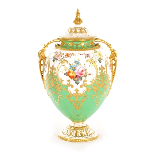 88 - A FINE ROYAL CROWN DERBY PORCELAIN CABINET VASE AND COVER PAINTED BY CUTHBERT GRESLEY the gilt two h... 