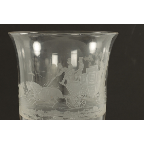 9 - AN OVERSIZED 19TH-CENTURY GLASS ENGRAVED GOBLET the body decorated with a horse-drawn coach inscribe... 