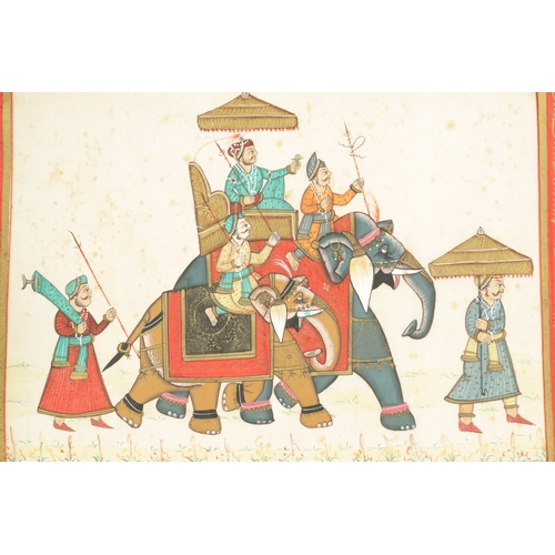 95 - A 19TH CENTURY INDIAN GOUACHE WATERCOLOUR OF A MAHARAJA SEATED ON AN ELEPHANT high-lighted in gilt. ... 
