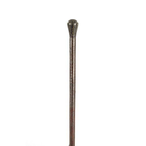 733 - A 19TH CENTURY INDIAN HARDWOOD AND INLAID BRASS WALKING STICK (92cm overall)