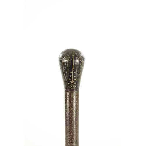 733 - A 19TH CENTURY INDIAN HARDWOOD AND INLAID BRASS WALKING STICK (92cm overall)