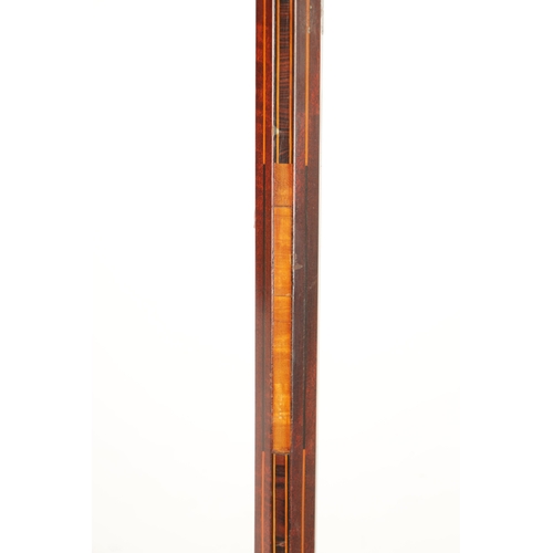 735 - AN UNUSUAL INLAID MAHOGANY OCTAGONAL WALKING STICK with faceted ball top and cross-banded inlaid sha... 