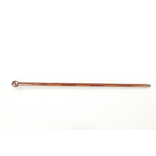 735 - AN UNUSUAL INLAID MAHOGANY OCTAGONAL WALKING STICK with faceted ball top and cross-banded inlaid sha... 