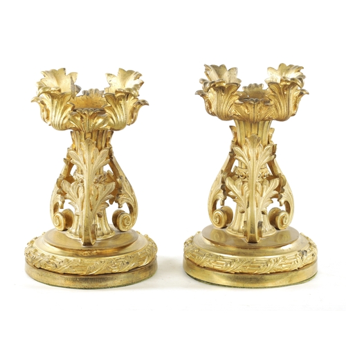 742 - A PAIR OF EARLY 19TH CENTURY GILT ORMOLU FIRE DOGS having rococo style leaf cast mounts on circular ... 