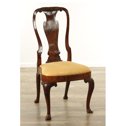 1404 - A QUEEN ANNE FIGURED WALNUT SIDE CHAIR with a solid vase-shaped splat, drop-in seat and raised on le... 