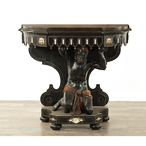 1405 - A GOOD 19TH CENTURY EBONY AND IVORY INLAID ITALIAN BLACKAMOOR SIDE TABLE the shaped marble top above... 