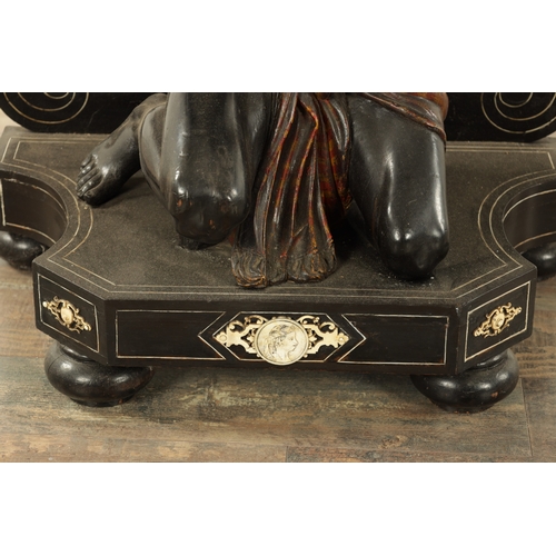 1405 - A GOOD 19TH CENTURY EBONY AND IVORY INLAID ITALIAN BLACKAMOOR SIDE TABLE the shaped marble top above... 