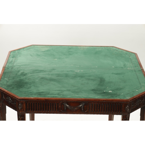 1406 - A LATE GEORGIAN ADAM-STYLE MAHOGANY CARD TABLE with ribbon and swag work carving (91cm wide 45cm dee... 