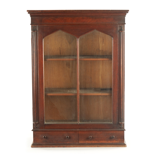 1408 - A 19TH CENTURY MAHOGANY HANGING DISPLAY CABINET with glazed hinged doors above two small frieze draw... 