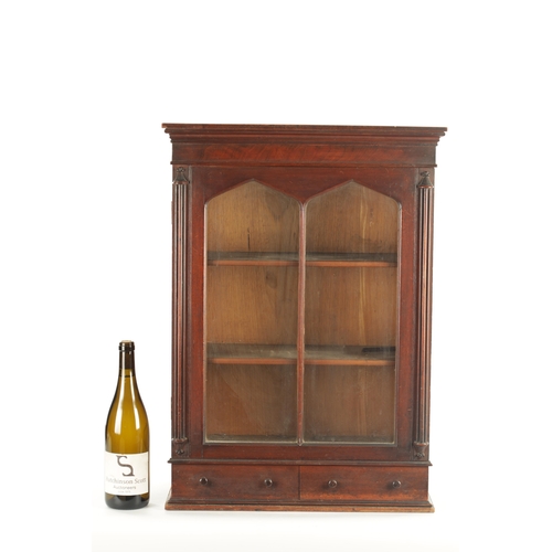 1408 - A 19TH CENTURY MAHOGANY HANGING DISPLAY CABINET with glazed hinged doors above two small frieze draw... 