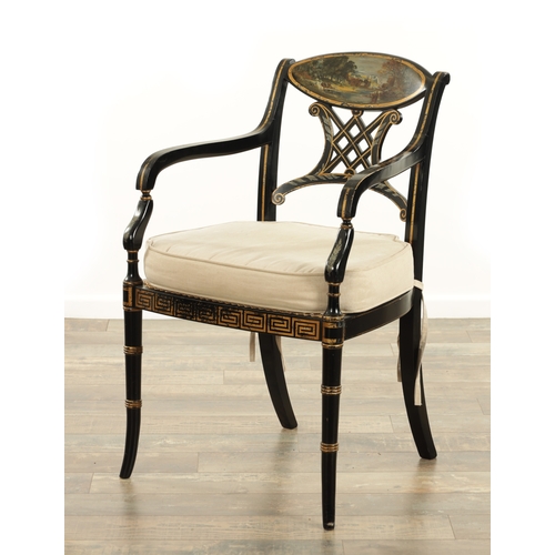 1409 - A REGENCY STYLE LACQUERED PAINTED BERGERE ARMCHAIR the backrest with classical lake scene above a pi... 