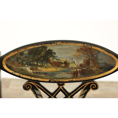 1409 - A REGENCY STYLE LACQUERED PAINTED BERGERE ARMCHAIR the backrest with classical lake scene above a pi... 