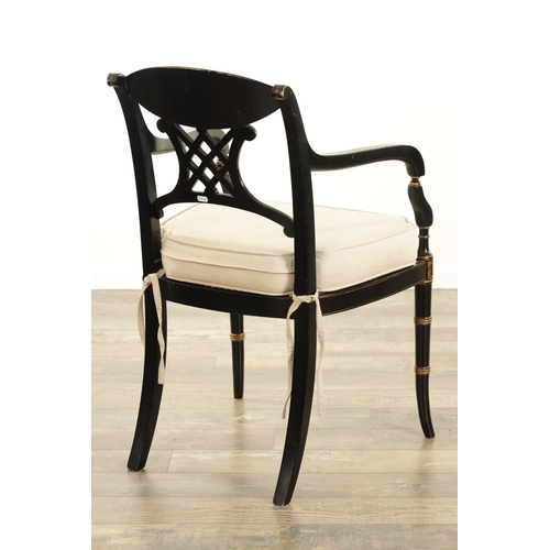 1409 - A REGENCY STYLE LACQUERED PAINTED BERGERE ARMCHAIR the backrest with classical lake scene above a pi... 