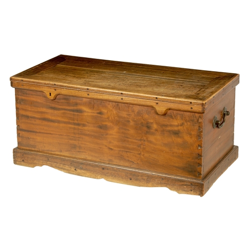 1410 - AN EARLY 19TH CENTURY CAMPHOR WOOD CHEST with a hinged lockable lid, side carrying handles and plint... 