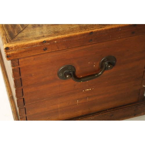 1410 - AN EARLY 19TH CENTURY CAMPHOR WOOD CHEST with a hinged lockable lid, side carrying handles and plint... 