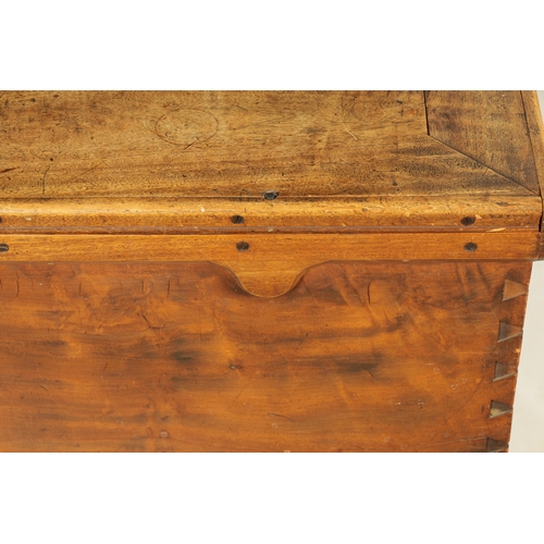 1410 - AN EARLY 19TH CENTURY CAMPHOR WOOD CHEST with a hinged lockable lid, side carrying handles and plint... 