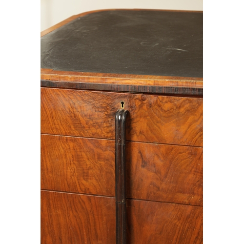 1411 - A STYLISH ART DECO WALNUT AND COROMANDEL PEDESTAL DESK with inset leather top having shaped corners ... 