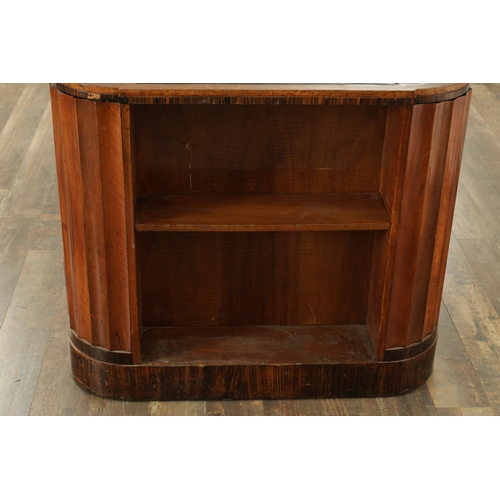 1411 - A STYLISH ART DECO WALNUT AND COROMANDEL PEDESTAL DESK with inset leather top having shaped corners ... 