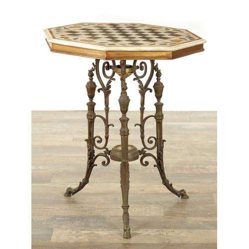 1416 - A 19TH CENTURY SPECIMEN MARBLE TOPPED CAST BRASS TABLE the octagonal shaped top with chess board cen... 