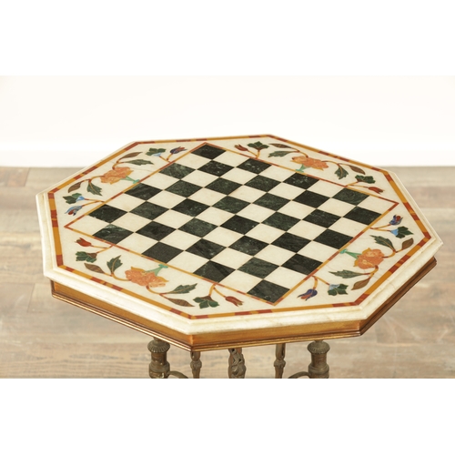 1416 - A 19TH CENTURY SPECIMEN MARBLE TOPPED CAST BRASS TABLE the octagonal shaped top with chess board cen... 