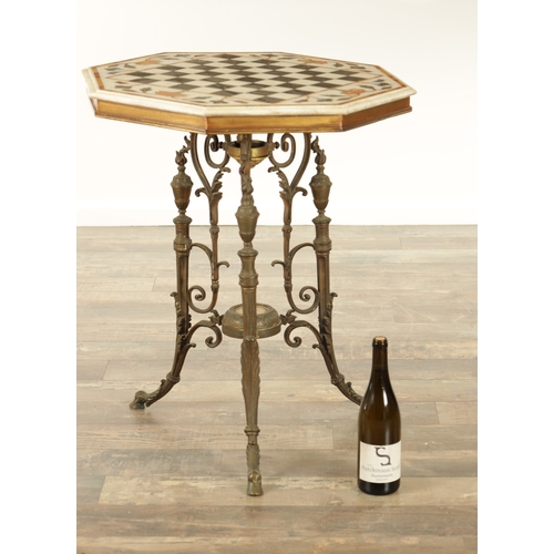 1416 - A 19TH CENTURY SPECIMEN MARBLE TOPPED CAST BRASS TABLE the octagonal shaped top with chess board cen... 