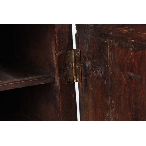 1422 - AN 18TH CENTURY OAK AND CROSSBANDED FIGURED WALNUT SPICE CABINET with hinged door enclosing a shelve... 