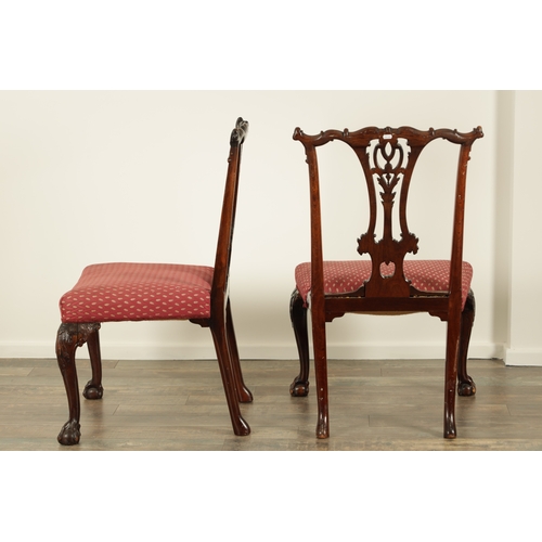 1425 - A PAIR OF GEORGE II CHIPPENDALE STYLE MAHOGANY SIDE CHAIRS with leaf-carved pierced backs, upholster... 