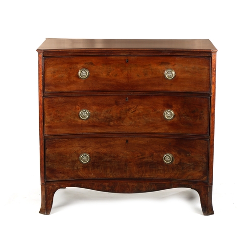 1456 - AN UNUSUAL LATE GEORGIAN FIGURED MAHOGANY INVERTED BOW FRONT CHEST OF DRAWERS having three graduated... 