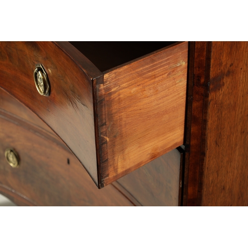 1456 - AN UNUSUAL LATE GEORGIAN FIGURED MAHOGANY INVERTED BOW FRONT CHEST OF DRAWERS having three graduated... 