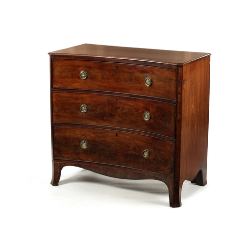 1456 - AN UNUSUAL LATE GEORGIAN FIGURED MAHOGANY INVERTED BOW FRONT CHEST OF DRAWERS having three graduated... 