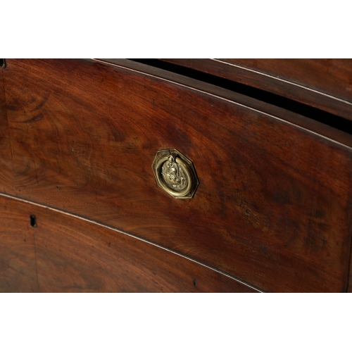 1456 - AN UNUSUAL LATE GEORGIAN FIGURED MAHOGANY INVERTED BOW FRONT CHEST OF DRAWERS having three graduated... 