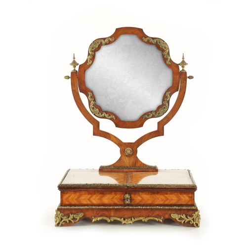 1523 - A FINE 19TH CENTURY KINGWOOD AND ORMOLU MOUNTED DRESSING TABLE MIRROR with a hinged shaped mirror ba... 