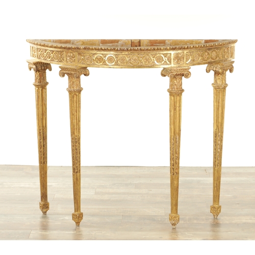 1524 - AN 18TH CENTURY ADAM STYLE GILT CARVED WOOD DEMI LUNE CONSOLE TABLE BASE with scrolled carved taperi... 